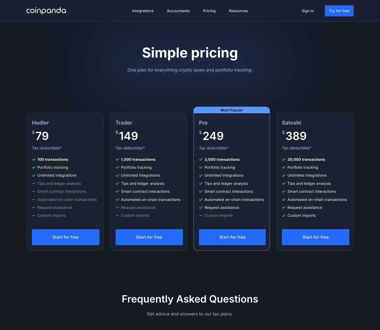 Coinpanda pricing page with plan prices