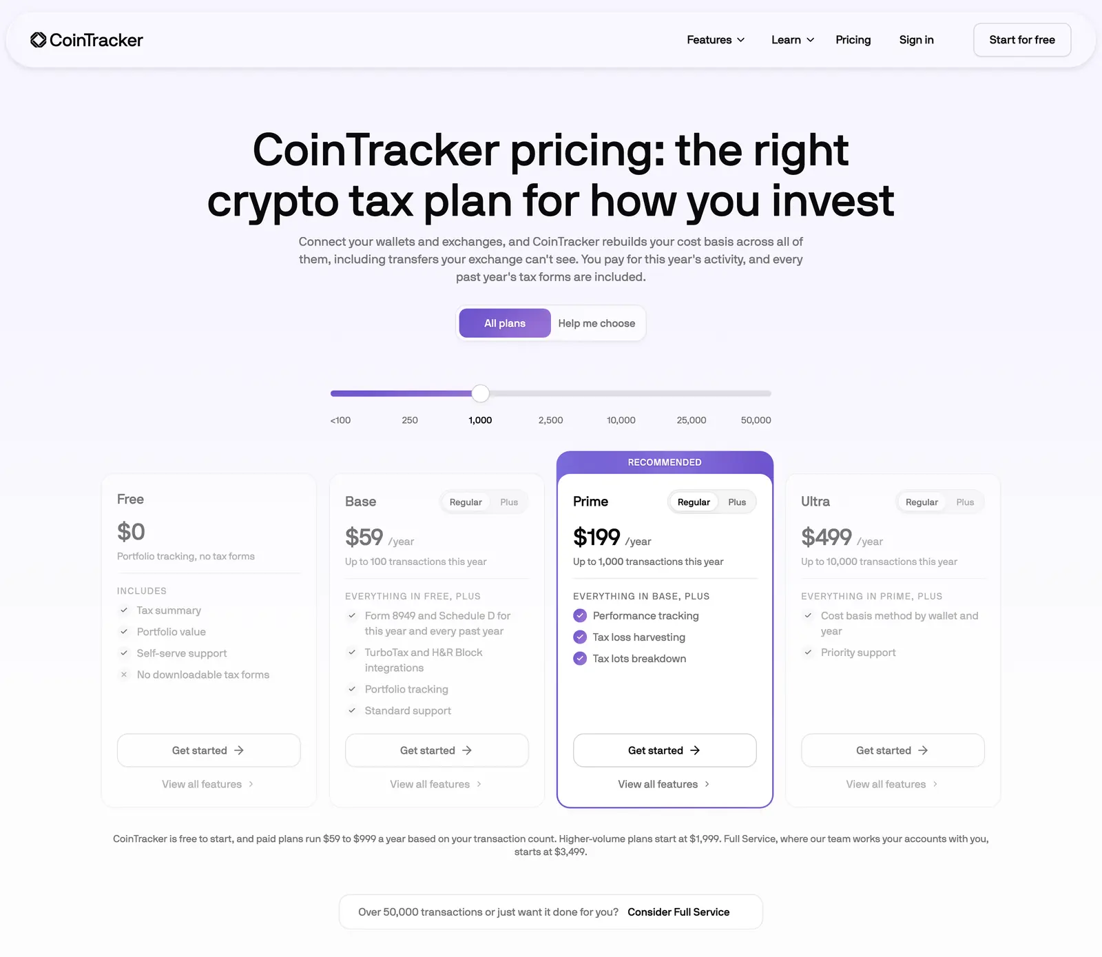 CoinTracker pricing page with plan prices