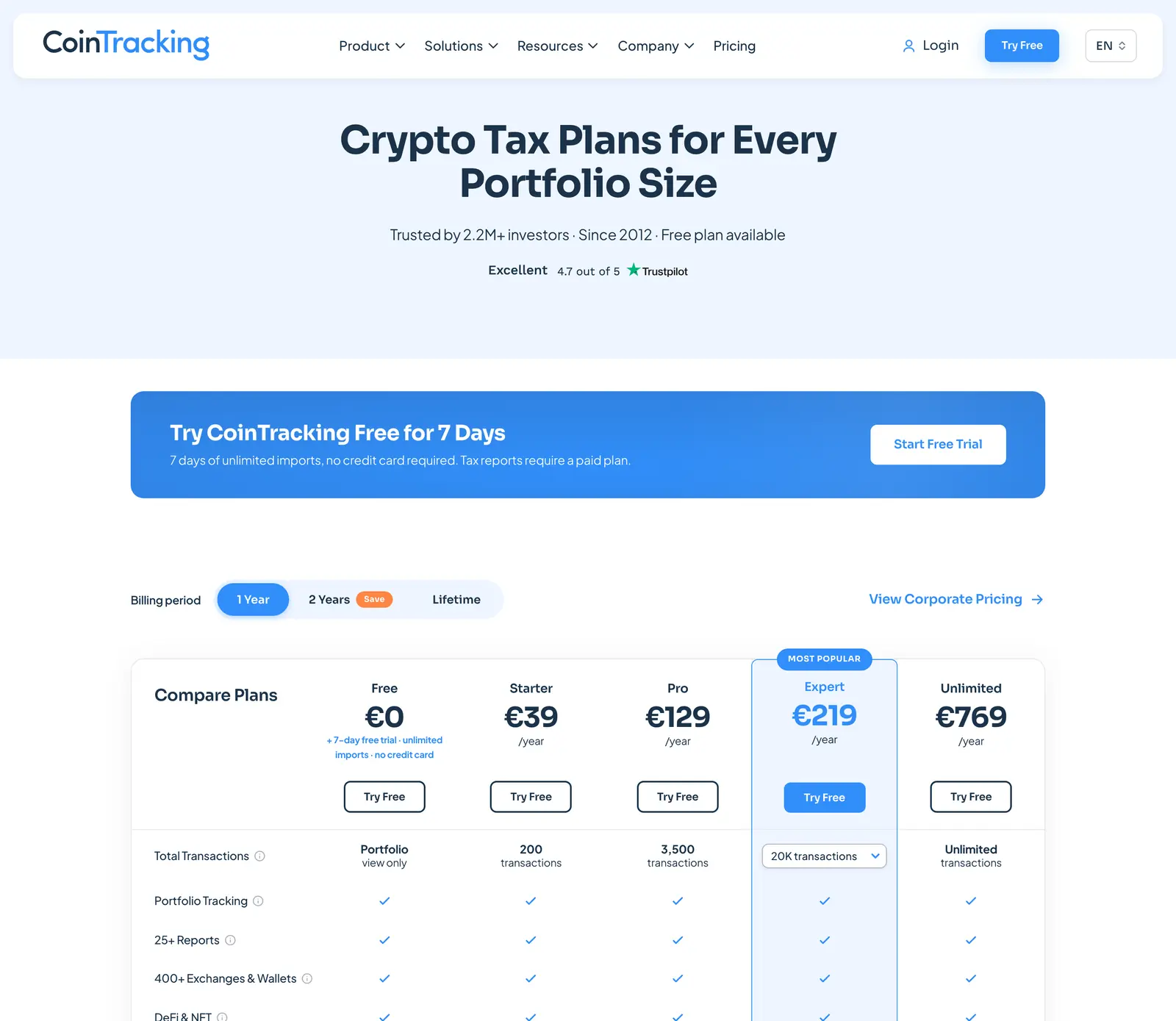 CoinTracking pricing page with plan prices
