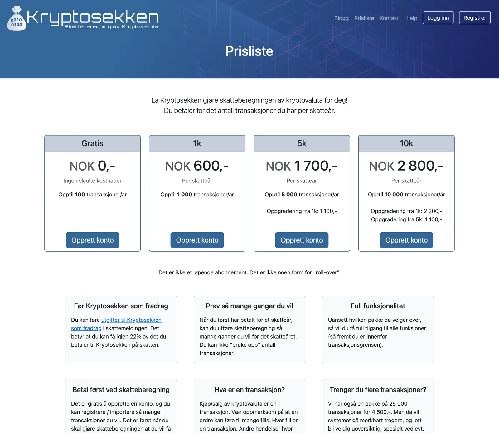 Kryptosekken pricing page with plan prices