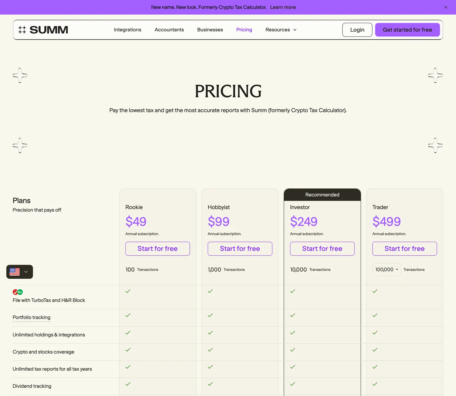 Summ pricing page with plan prices