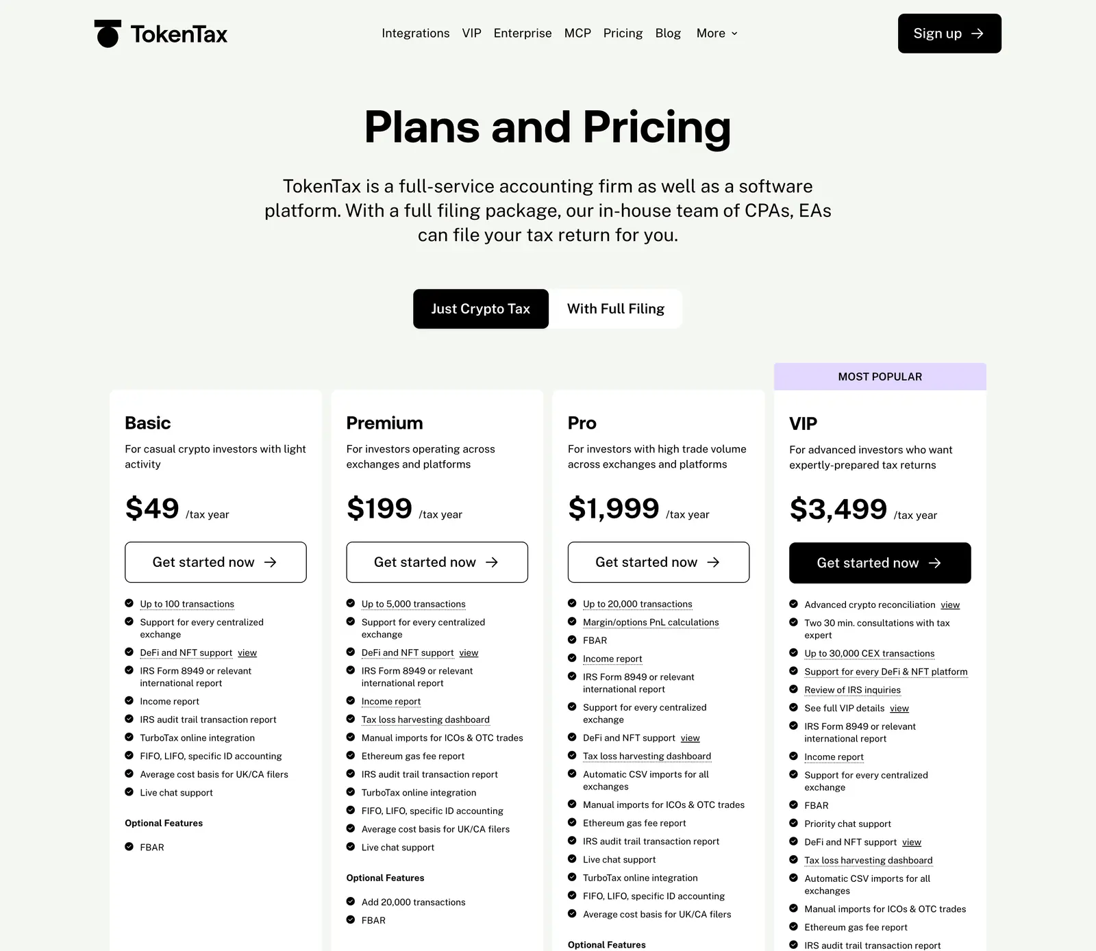 TokenTax pricing page with plan prices