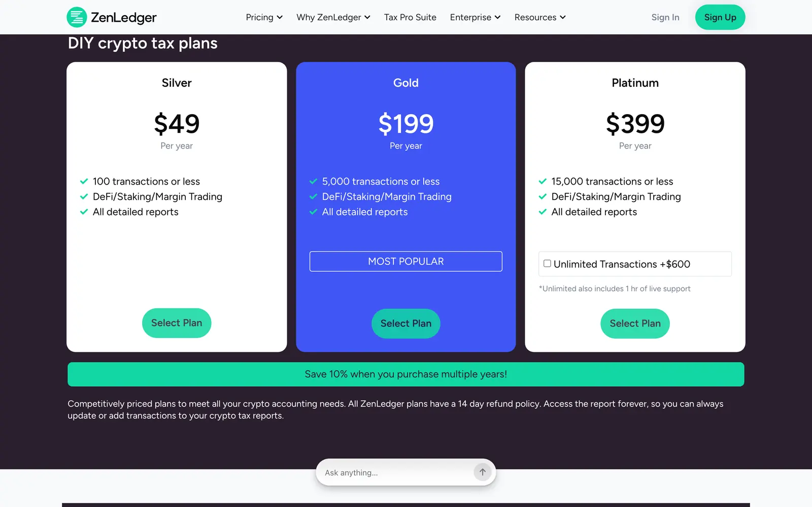 ZenLedger pricing page with plan prices